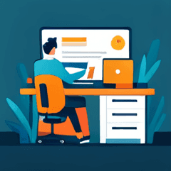 Flat Design, man seated at a desk with a computer.